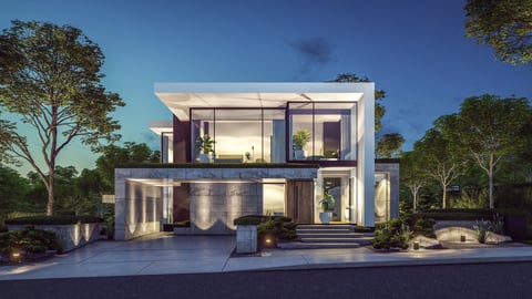 Modern cozy house with pool evening
