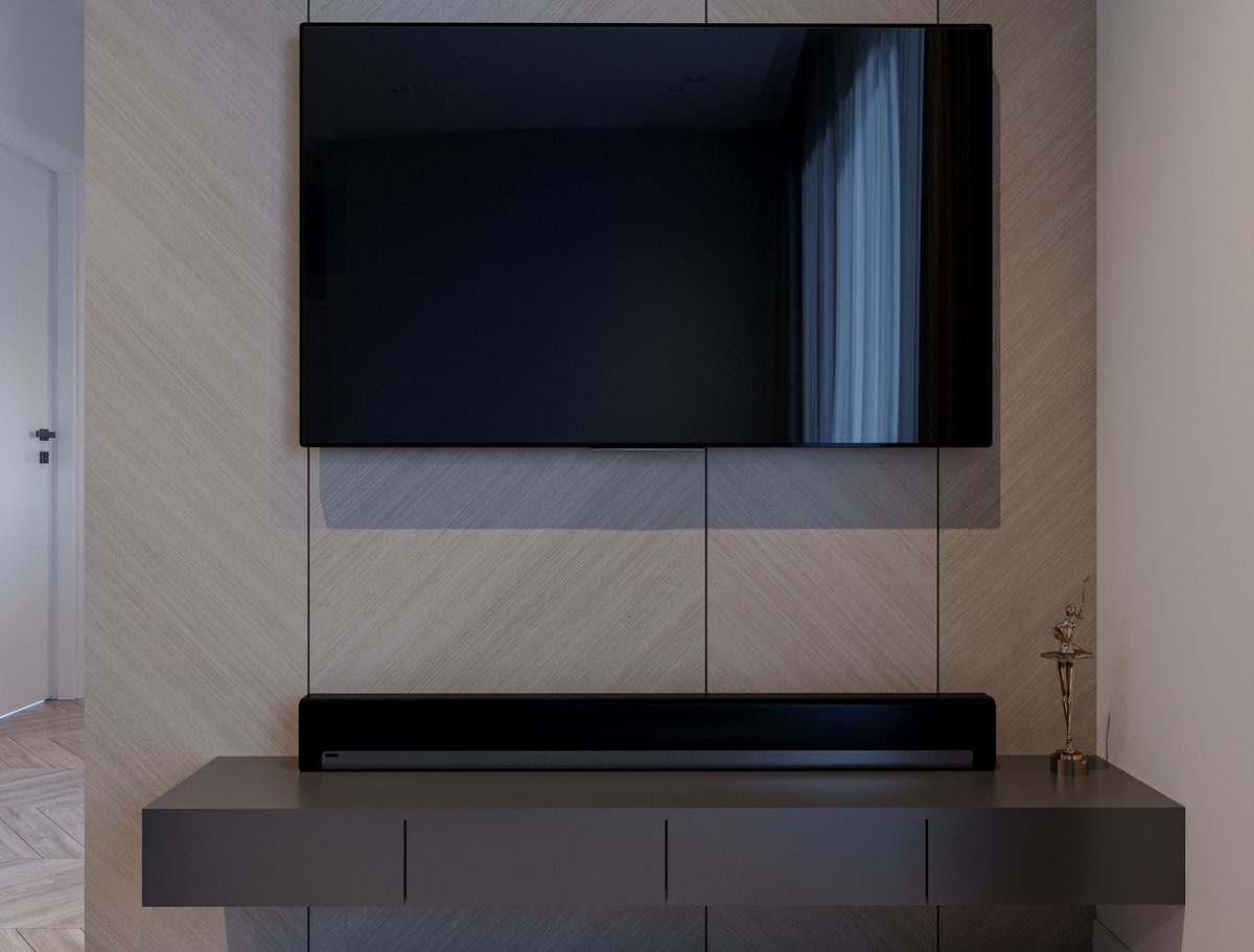 Modern Minimalist Living Room with Wall-Mounted TV and Soundbar on Floating Console
