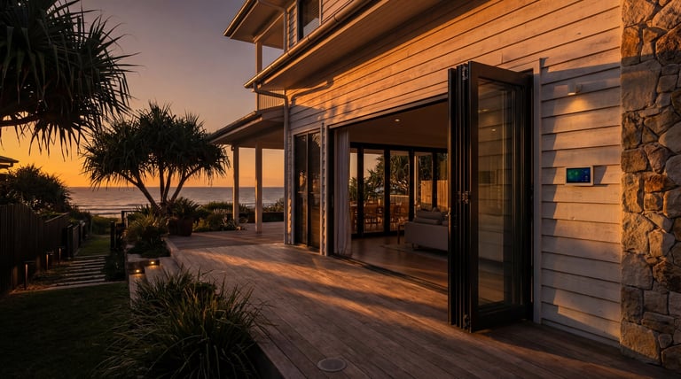 Modern home with wooden deck and large glass doors at sunset, tropical plants and palm trees in the foreground