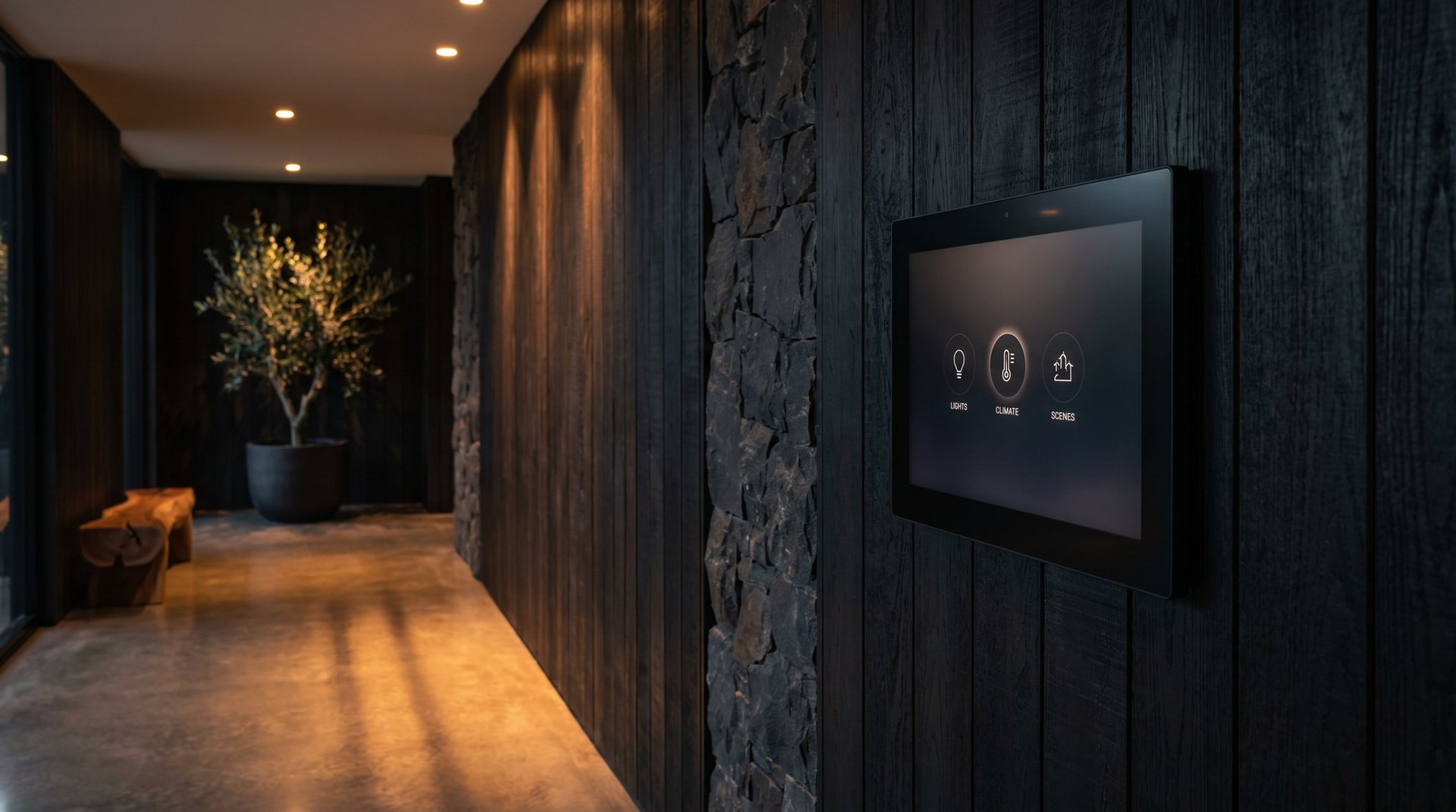 Modern hallway with dark wood walls, illuminated tree sculpture, and digital control panel on wall