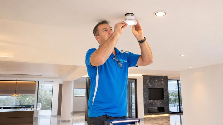 Technician in blue uniform installing smoke detector on ceiling in modern home interior