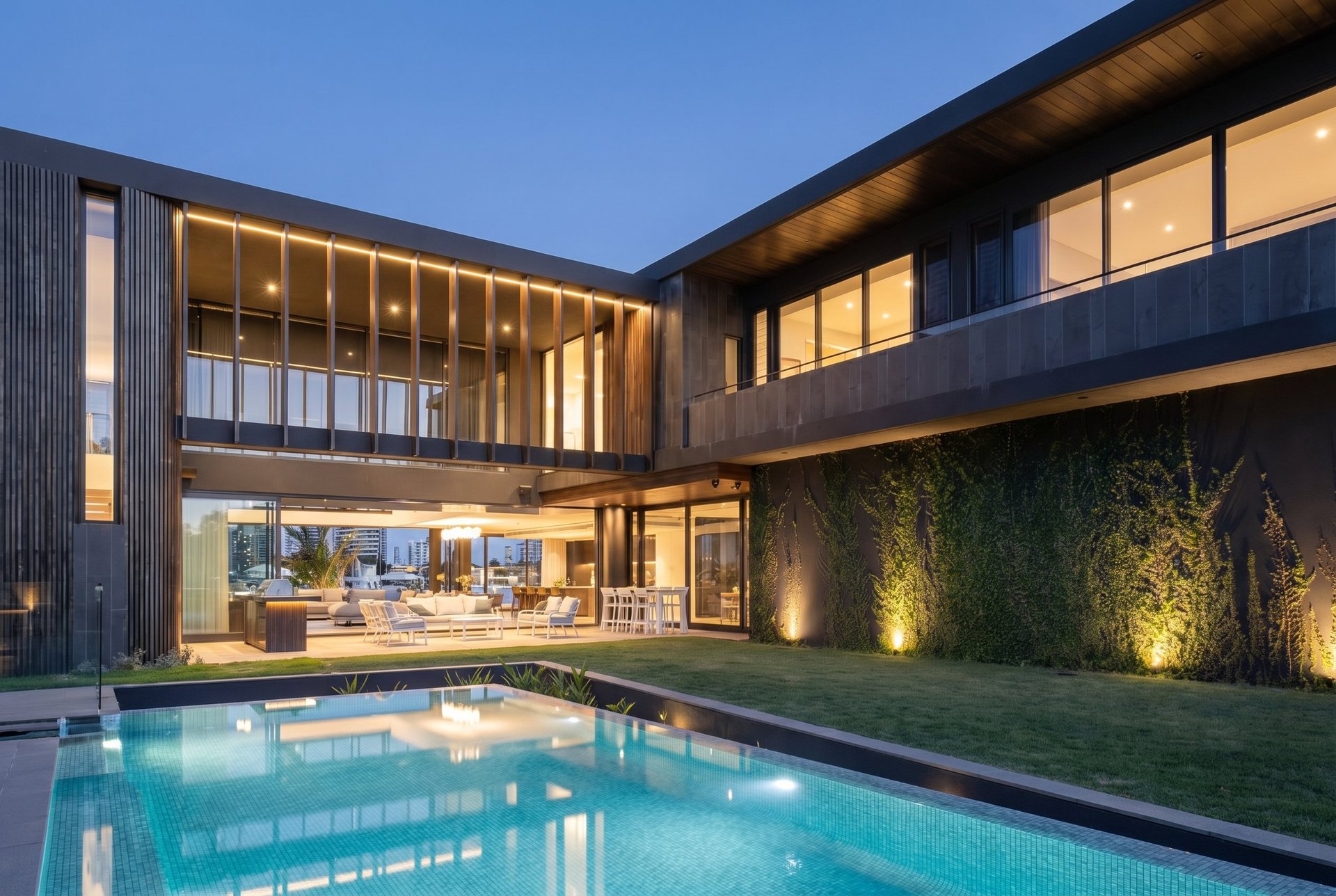 Modern multi-story house with illuminated interior, swimming pool with turquoise water, green wall planting, and contemporary architecture at dusk in Gold Coast, Queensland Australia