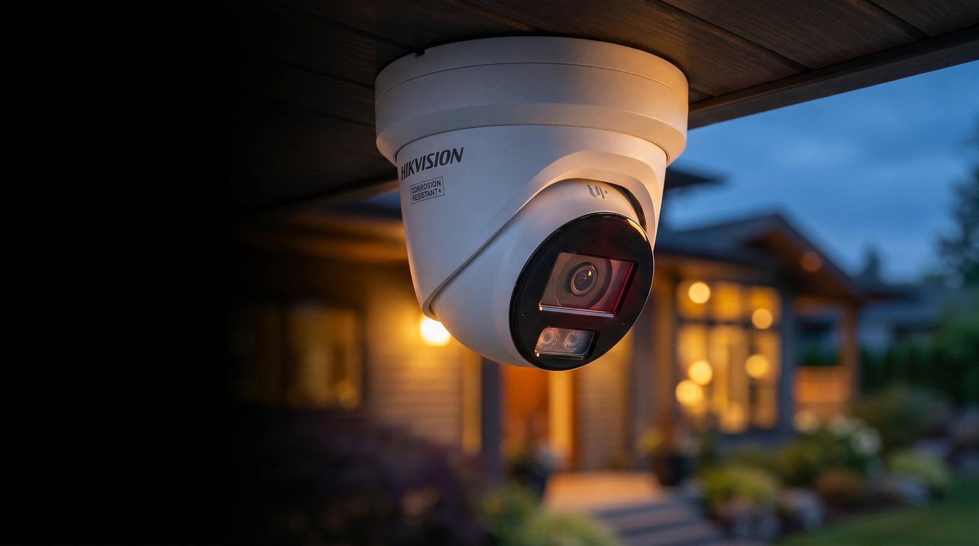 White Hikvision security camera mounted on ceiling at dusk, with blurred house exterior in warm light behind it