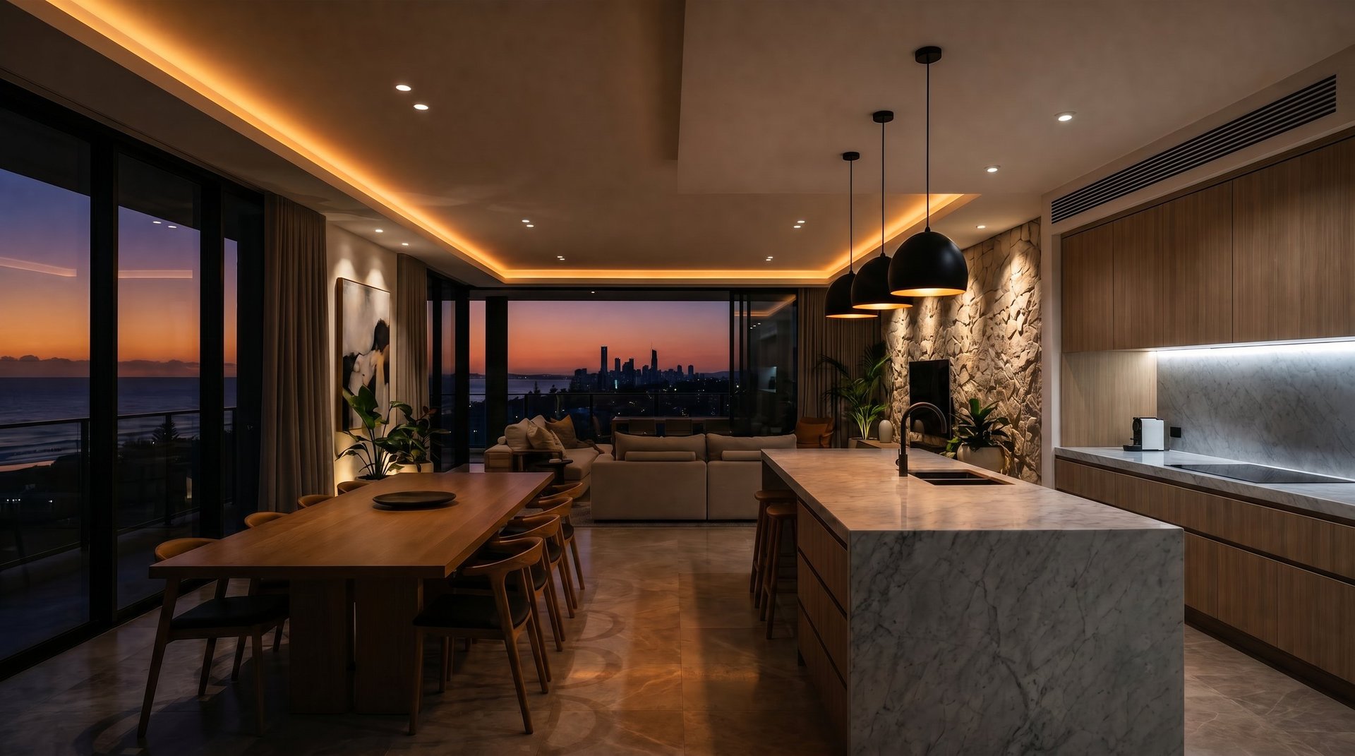 Modern luxury penthouse kitchen and dining area with sunset city skyline view through floor-to-ceiling windows