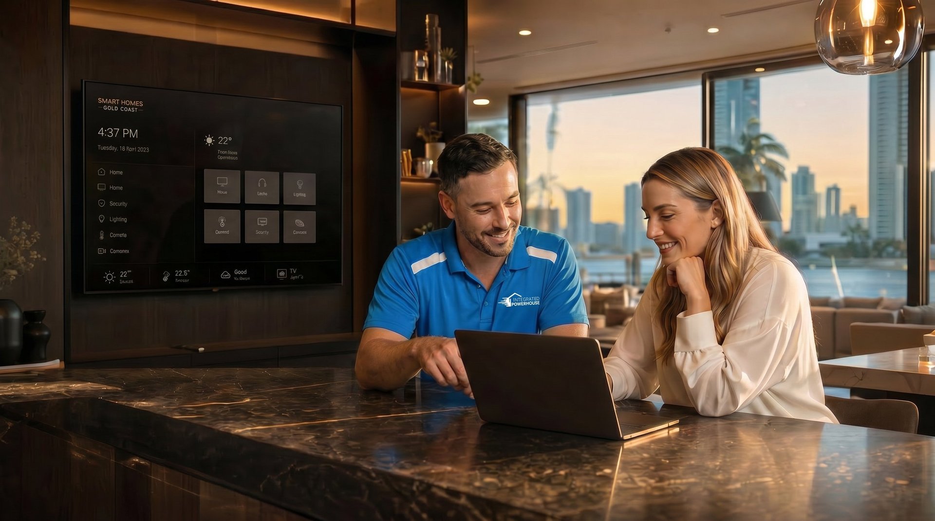 Customer service representative in blue polo shirt assisting client with laptop at marble counter with city skyline view through window