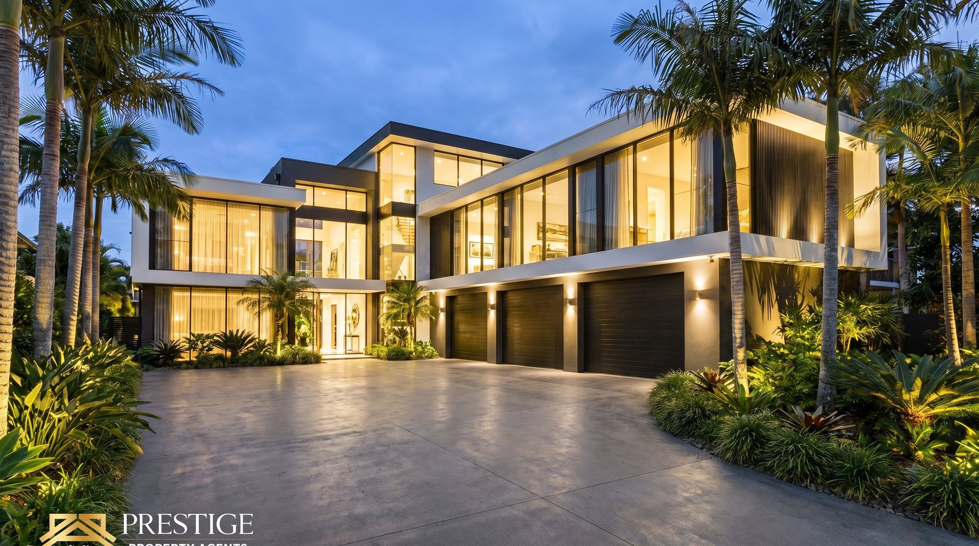 Modern luxury home with illuminated windows, dark garage, and tropical palms lining the paved driveway at dusk