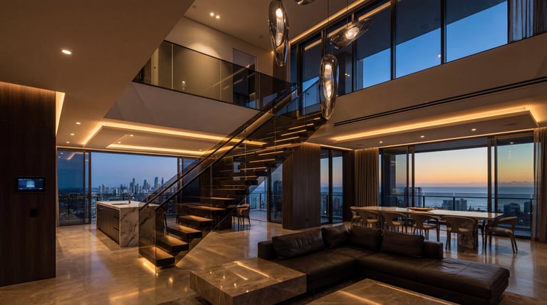 Modern luxury penthouse interior with floating staircase, high ceilings, panoramic city views at dusk, and contemporary furniture