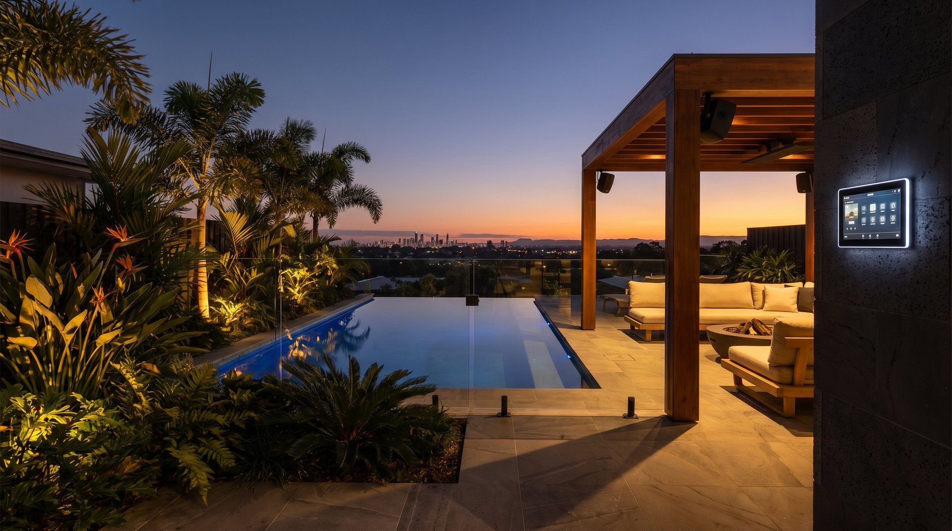Modern luxury home with infinity pool overlooking city lights at dusk, featuring palm trees and contemporary architecture