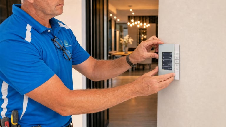 Technician in blue polo shirt adjusting a wall-mounted digital thermostat inside a modern home