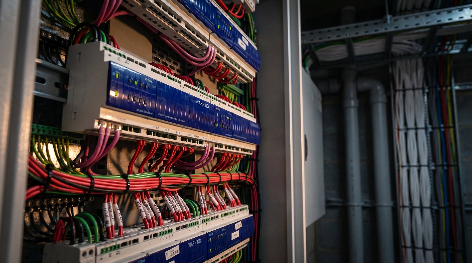 Data center server rack with colorful network and power cables neatly organized on blue panels