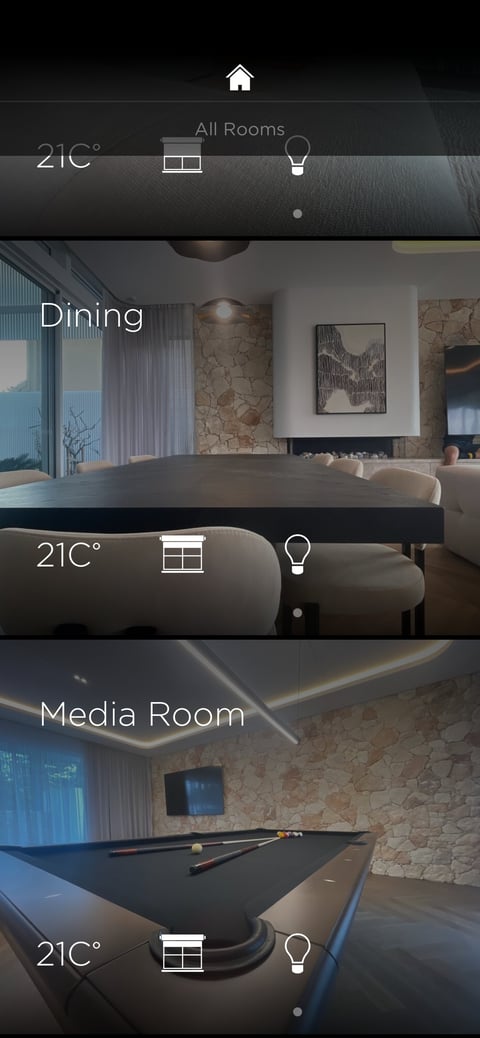 Smart home control interface showing temperature and lighting for All Rooms, Dining, and Media Room with preview images of each space