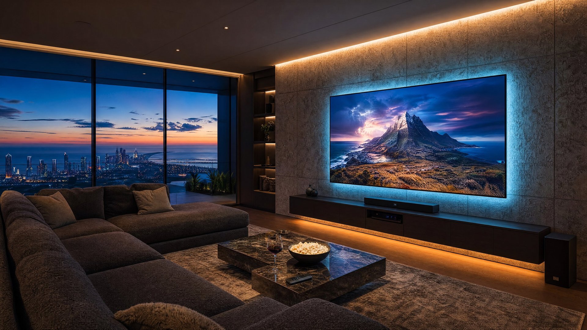 Modern home theater with large wall-mounted TV displaying mountain landscape, comfortable seating, ambient lighting, and floor-to-ceiling city view windows at dusk