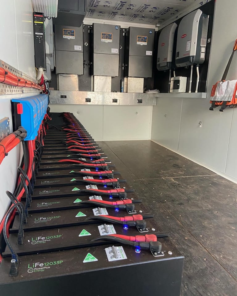 Multiple LiFePO4 battery units with red cables arranged in a row inside an electrical cabinet with inverters mounted on the wall above