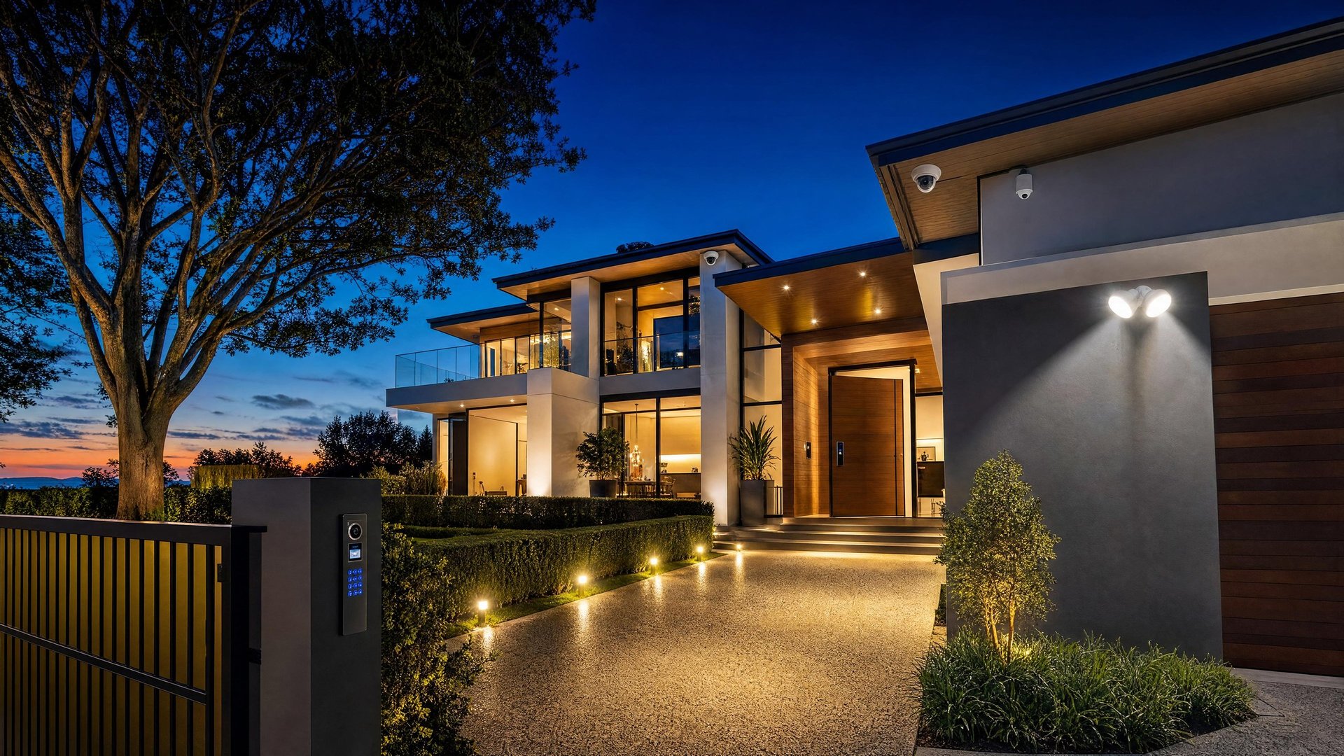 Modern luxury home illuminated at dusk with lit driveway, large tree, and contemporary architecture