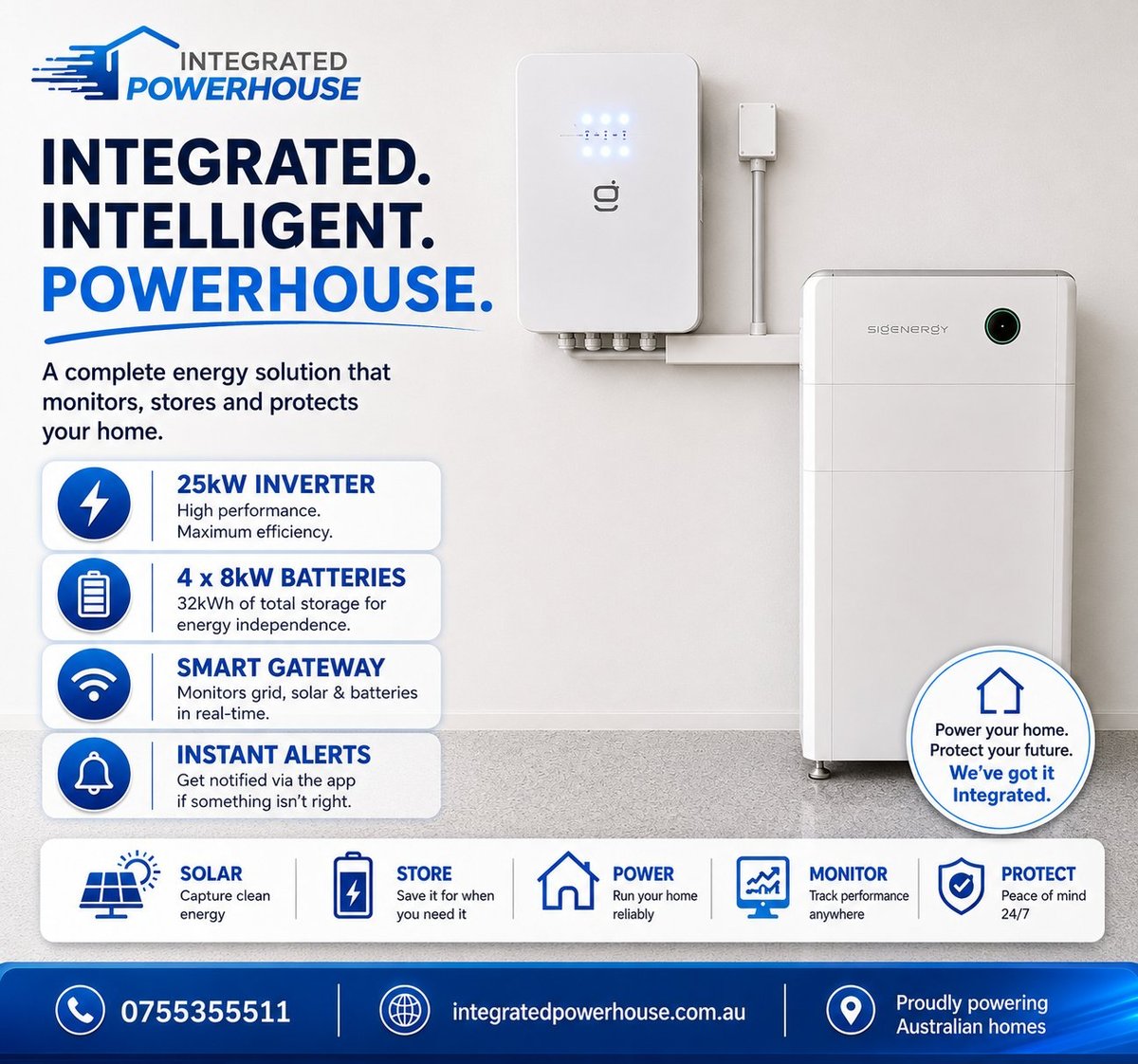 Integrated Powerhouse home energy solution showing 25kW inverter, 4x 8kW batteries, smart gateway, solar panels, and battery storage system