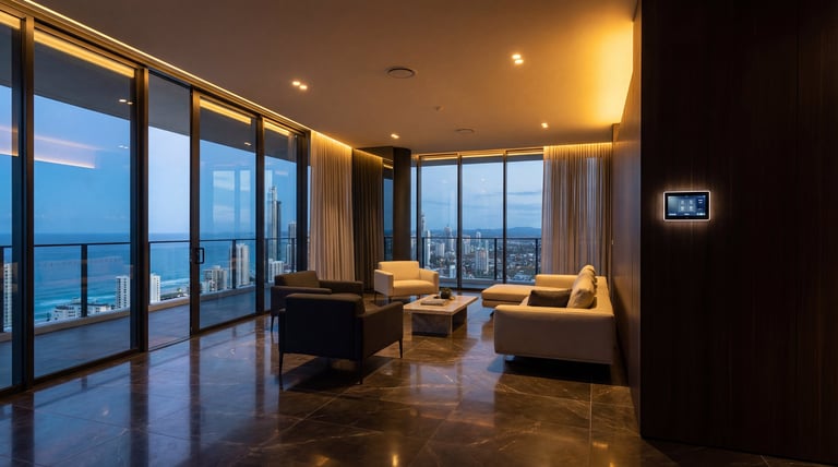 Modern luxury apartment at dusk with floor-to-ceiling windows, city views, gold lighting, and contemporary furnishings