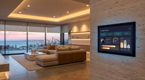 Smart Home Control Gold Coast QLD | Integrated Powerhouse | Centralised home automation with control panel, city skyline views, Northern NSW smart home technology