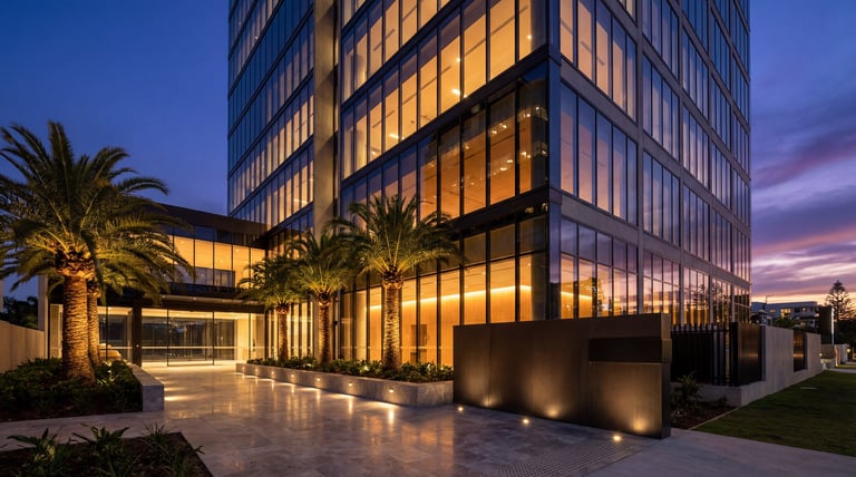 Modern illuminated office building at dusk with palm trees and reflective plaza courtyard