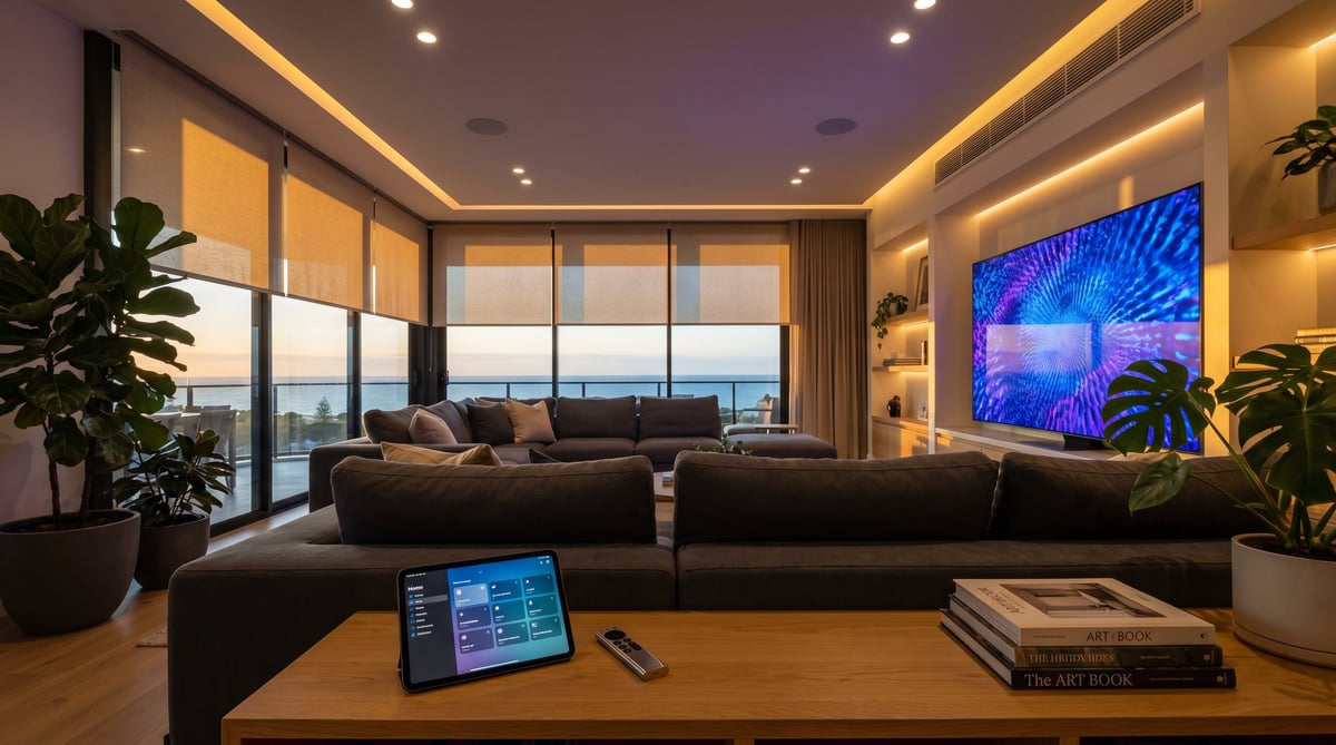 Modern living room with black L-shaped sofa, large windows overlooking cityscape, illuminated digital screen on wall, wooden table with laptop and books