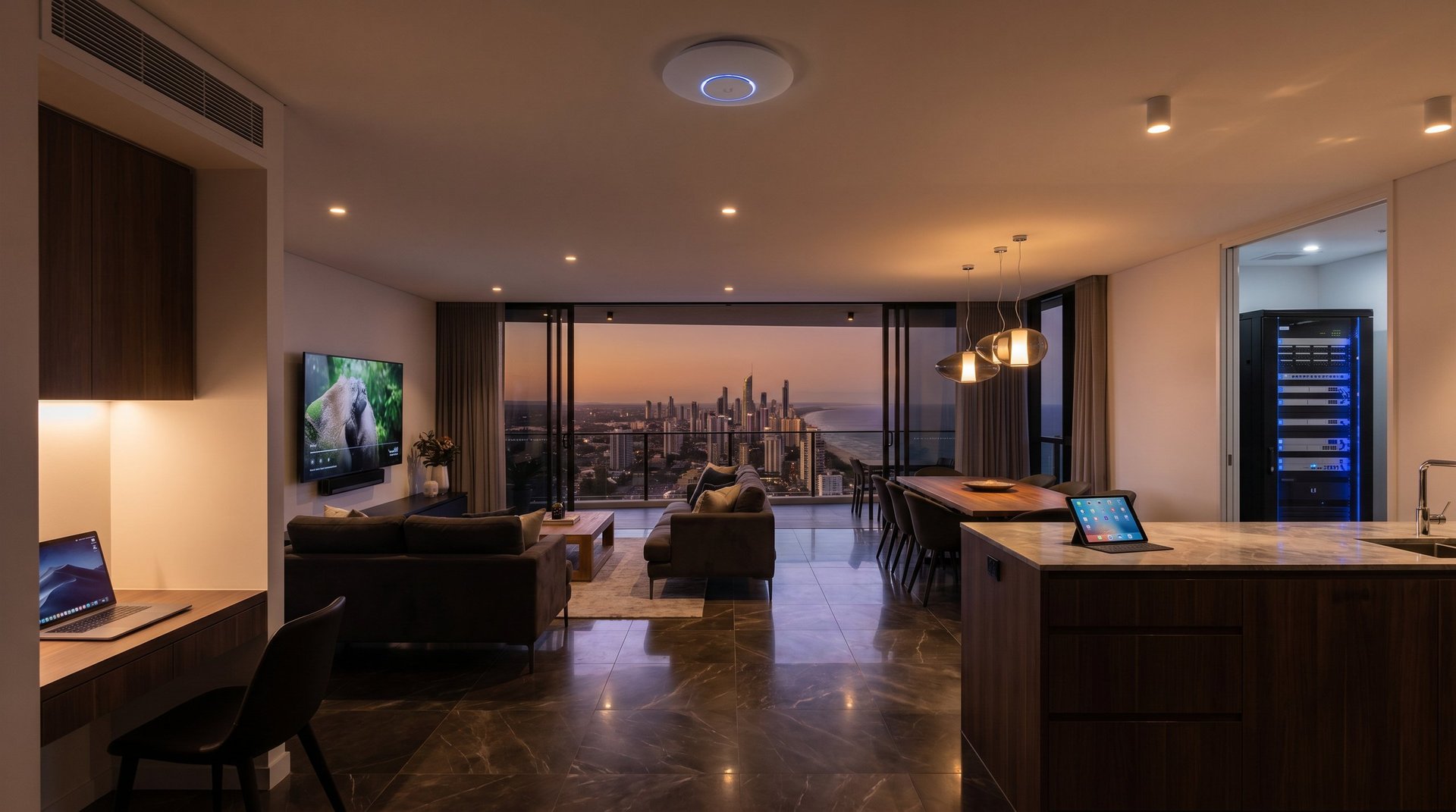 Luxury high-rise apartment with floor-to-ceiling windows overlooking a city skyline at dusk, featuring modern furnishings and warm ambient lighting