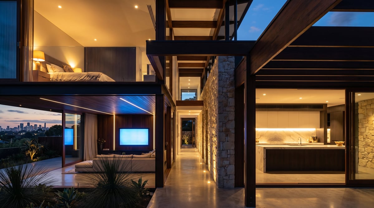 Modern luxury home interior at dusk with floor-to-ceiling windows, warm lighting, and open-concept design overlooking city views